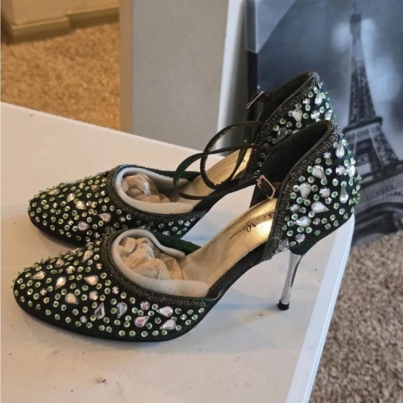 Marichi Mani Pump Heels Women 8.5 Green Metallic Rhinestone Stiletto New - Picture 10 of 15